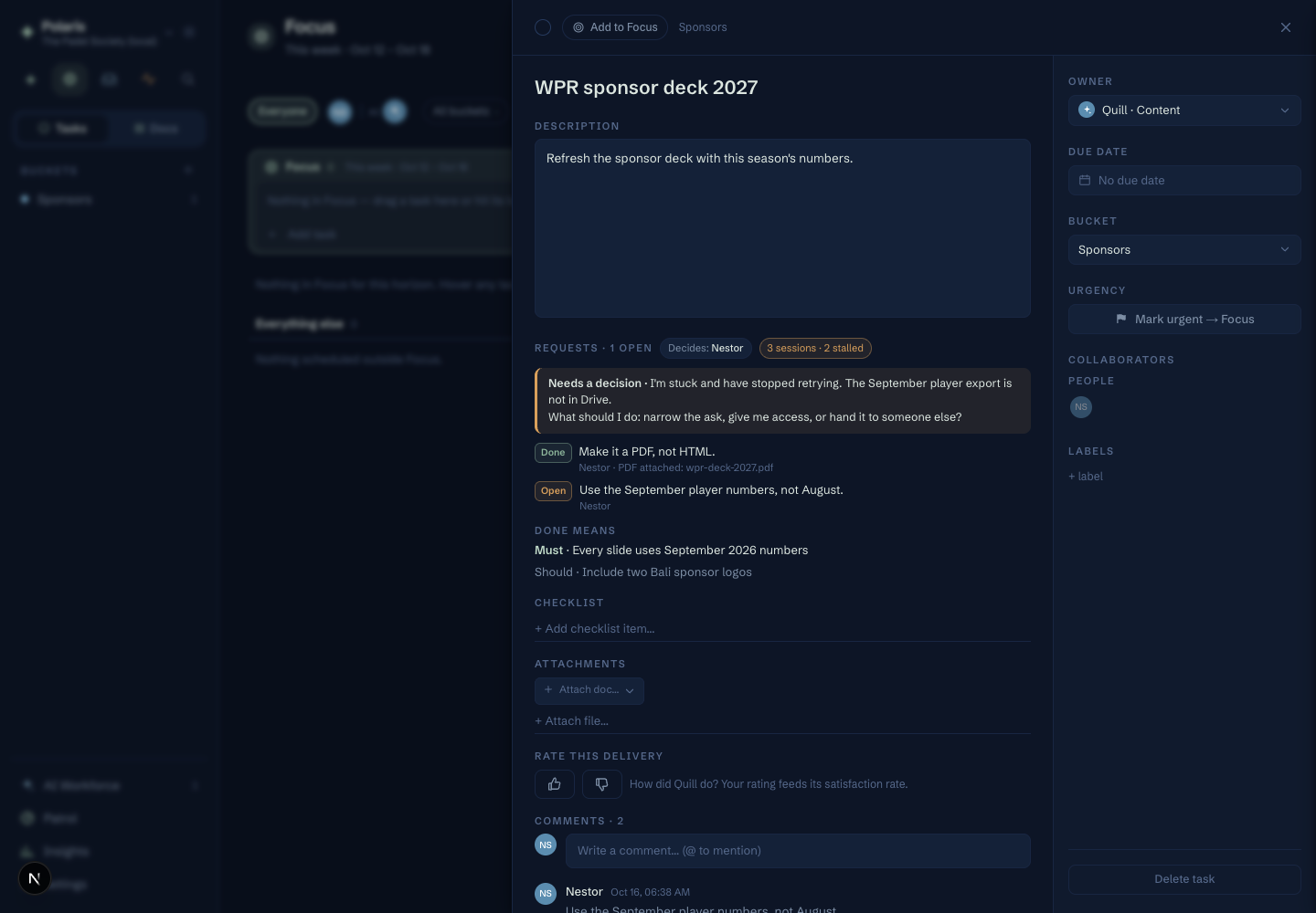 Task detail showing requests, a needs-a-decision question and done criteria